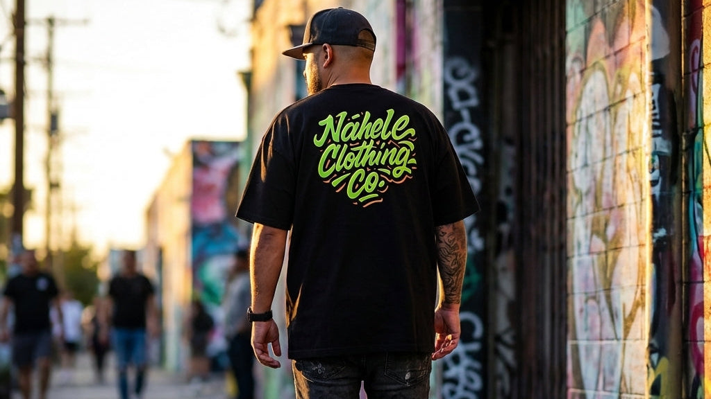 Man walking down a street wearing a black t-shirt with 'Nahene Clothing Co' logo.